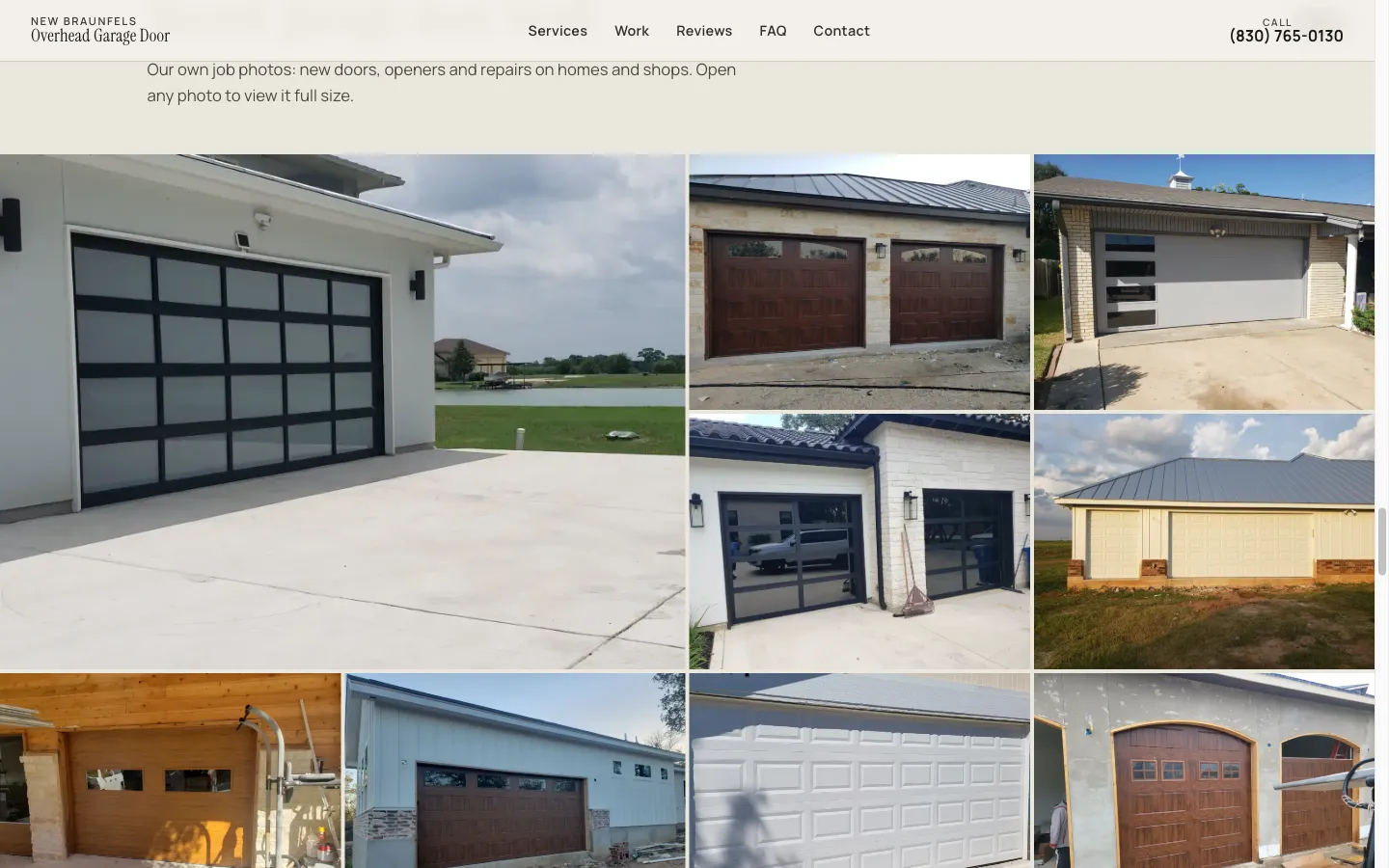 The website's project gallery, featuring the company's real completed garage door installations.